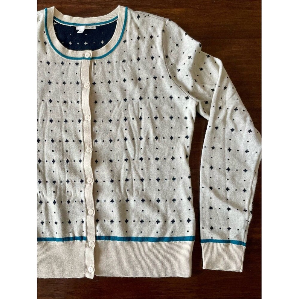 Halogen Cream Wool Cardigan with Black Geometric Pattern & Blue Trim